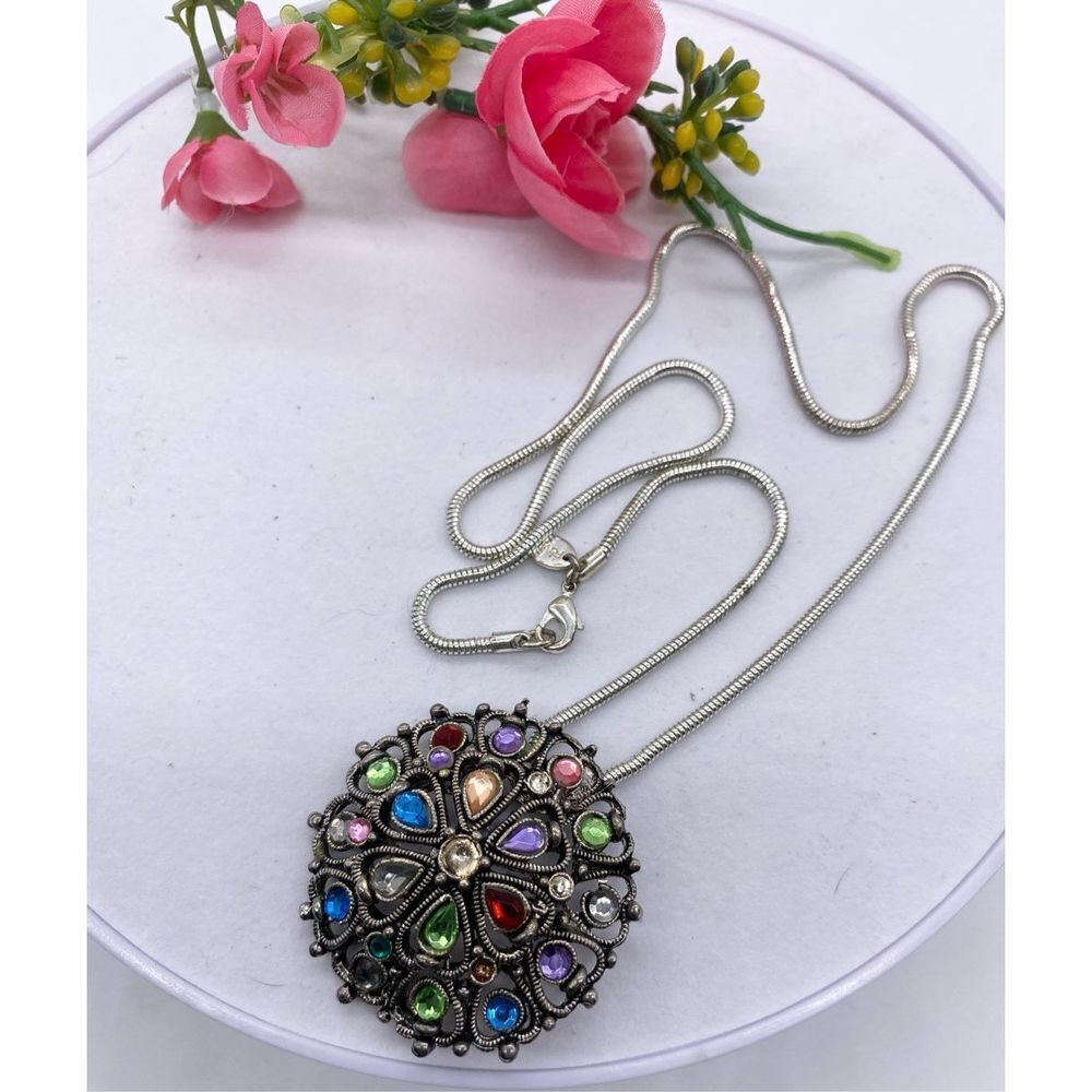 Lightly Domed Colorful Rhinestone Pendant Necklace Brushed Antique Silver